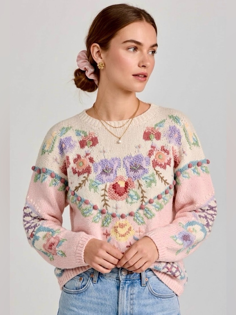 VTG Jennifer Reed Hand Knit Floral Embroidered Sweater Large Pastel Bobble NWT